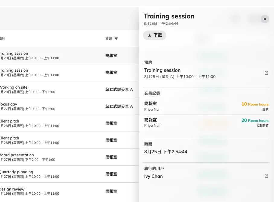 一個被修改過的預約:原本的費用退回,新的費用扣取,淨額則顯示在後面的清單上。