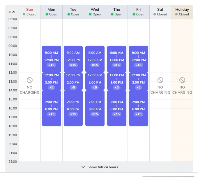 Each range carries its own amount. Time not covered by any range shows No charging.