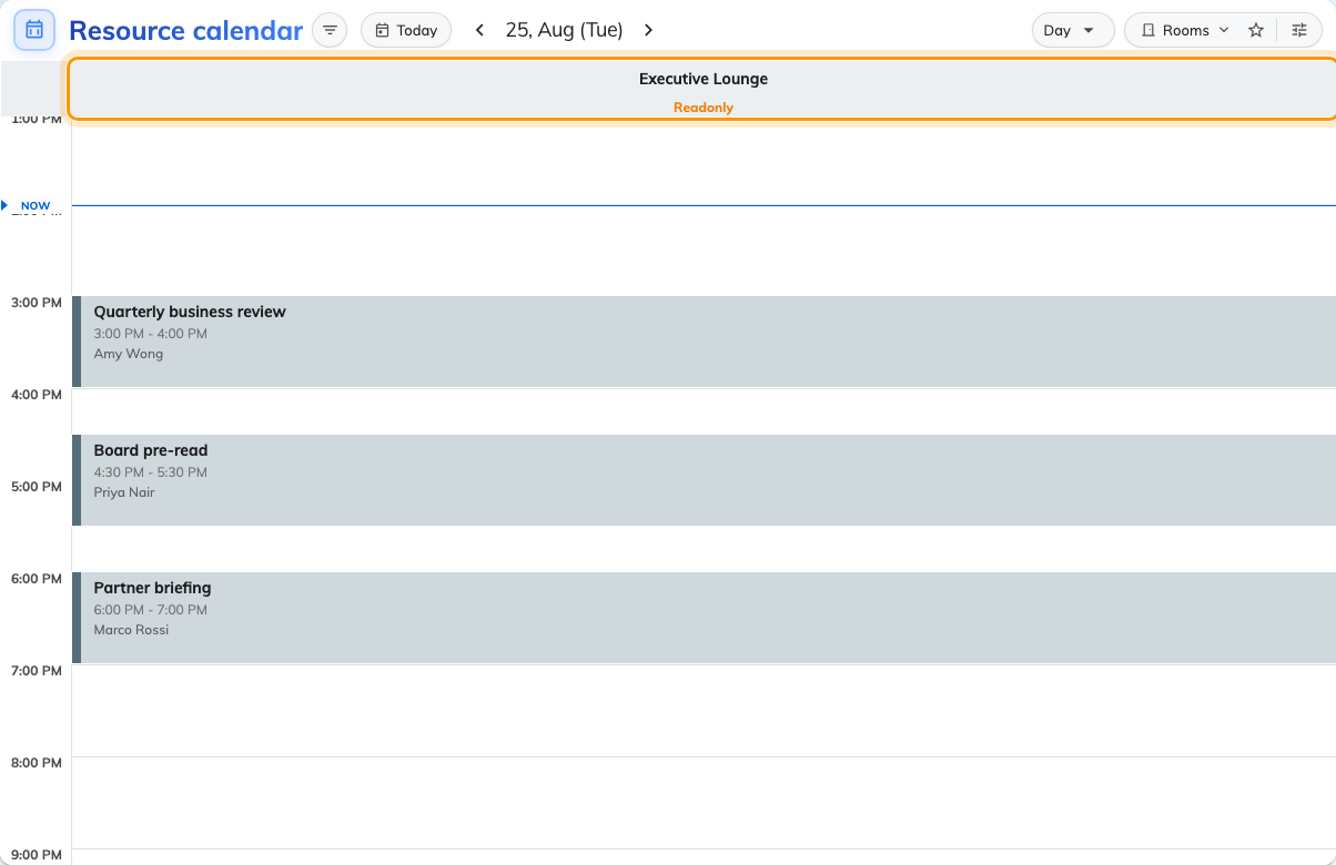 A read-only room on the day grid. Every booking is legible; none of them can be touched.