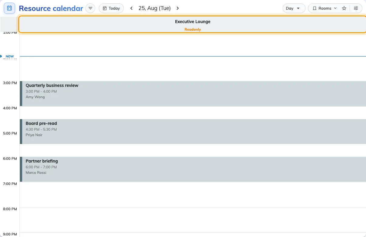 A read-only room on the day grid. Every booking is legible; none of them can be touched.