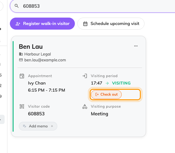 An admitted visitor: the arrival time, Visiting, and Check out in place of Check in.