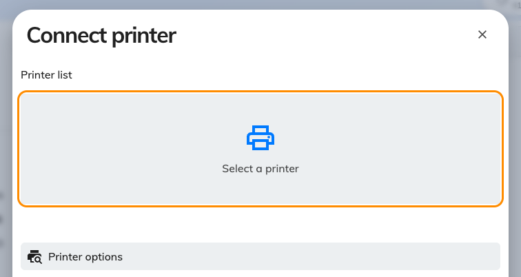 Connect printer, before a printer has been chosen. Printer options underneath lists the models Offision prints to.