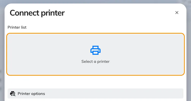 Connect printer, before a printer has been chosen. Printer options underneath lists the models Offision prints to.
