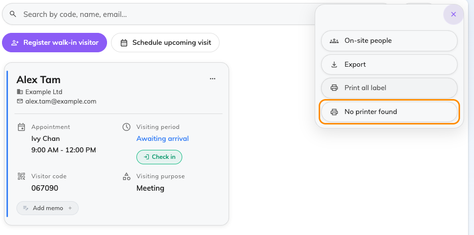 More actions on the Reception page. The printer row reads No printer found until a printer is set.