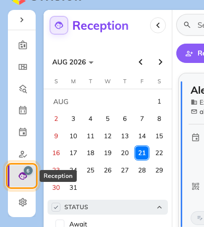 The home menu with Reception — an entry only receptionist accounts have.