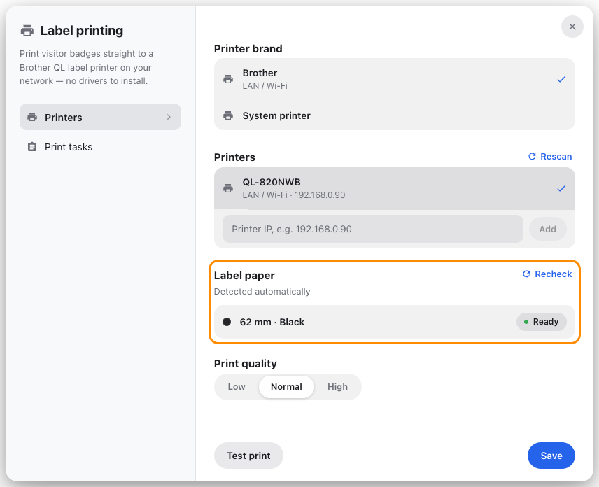 Label printing, with the printer found on the network and its label roll read back from it.