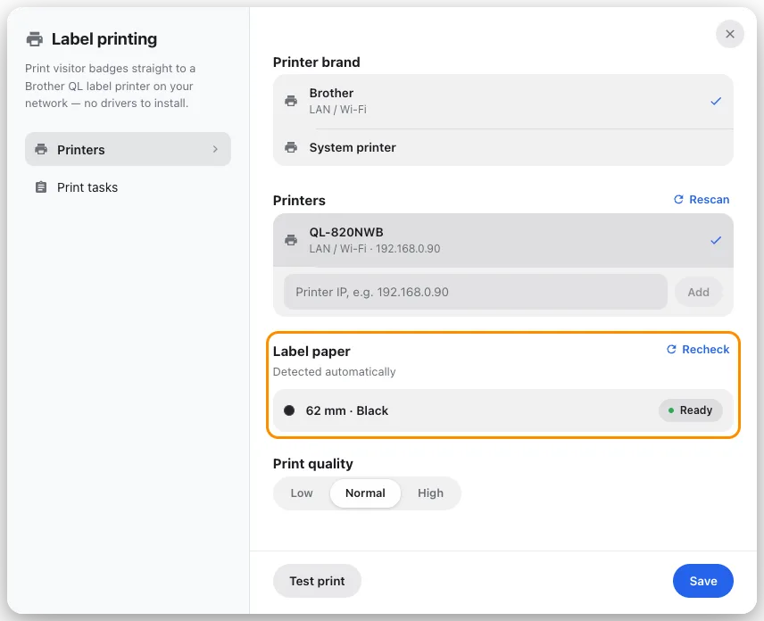 Label printing, with the printer found on the network and its label roll read back from it.