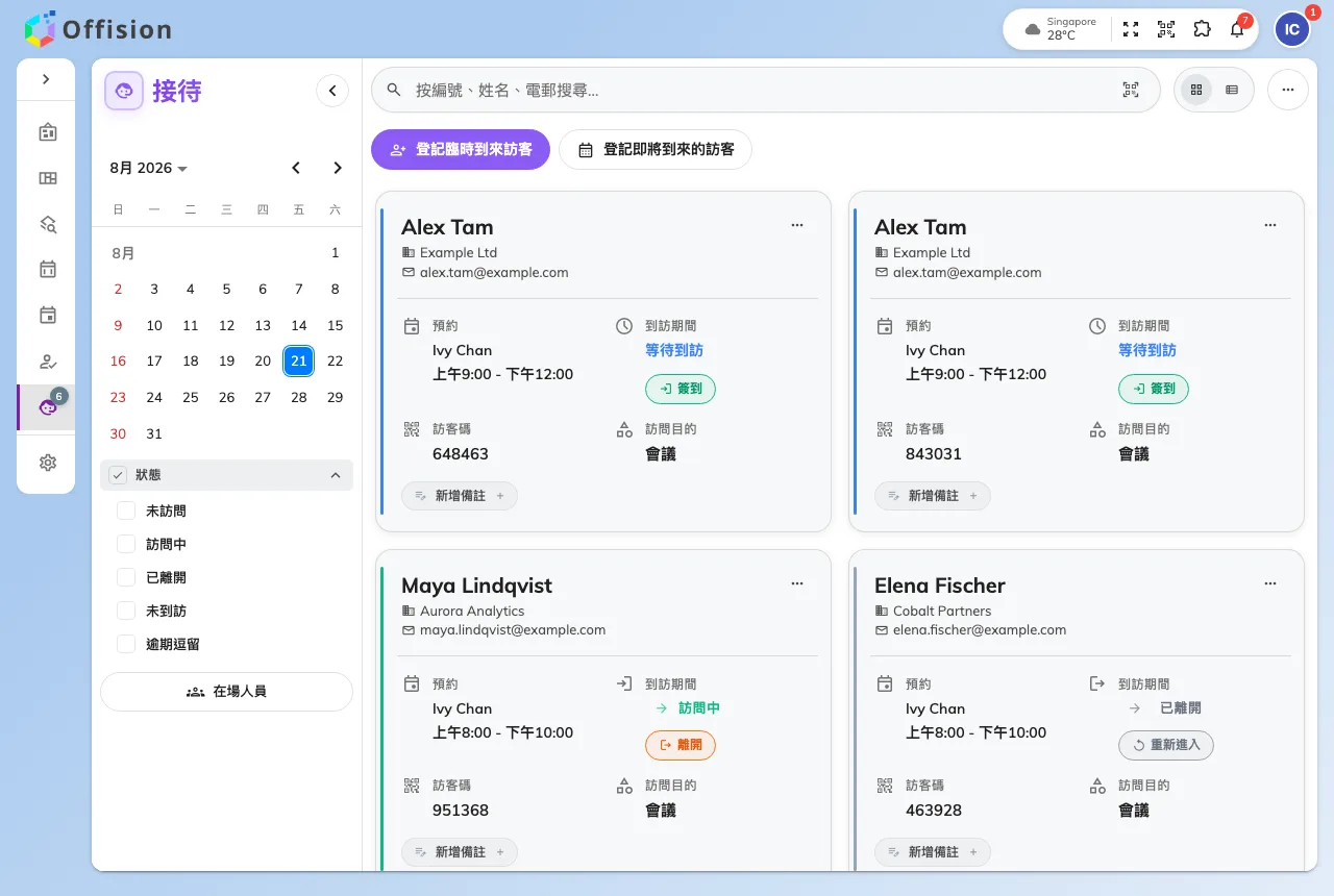 Offision 應用程式主畫面上的接待小工具,列出當天訪客與各自的狀態。