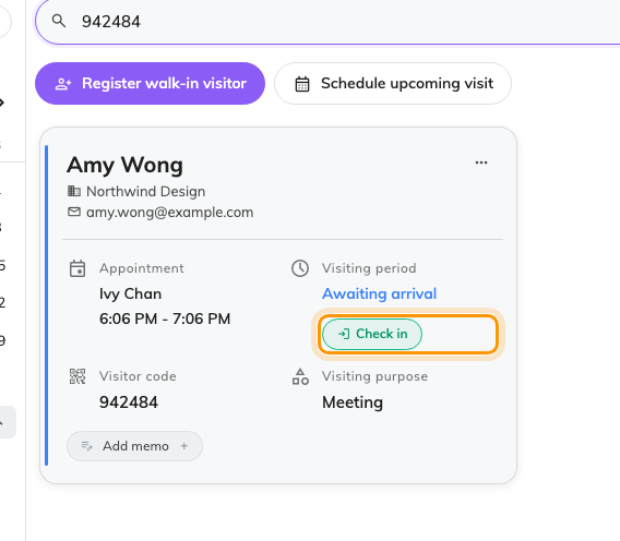 One visitor left in the list, with Check in on their card.