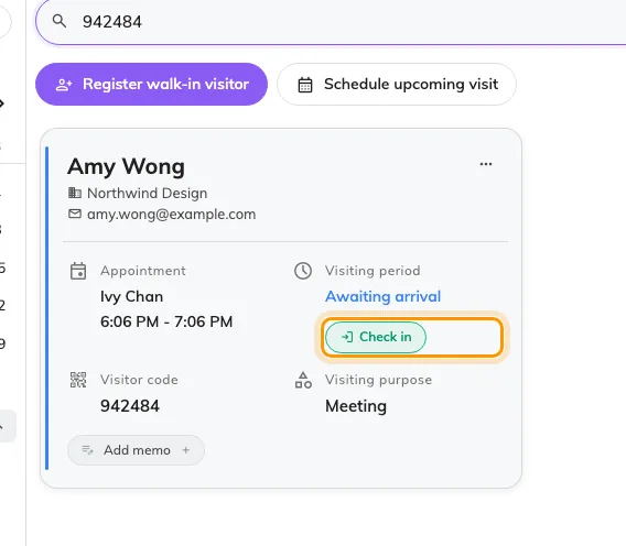 One visitor left in the list, with Check in on their card.