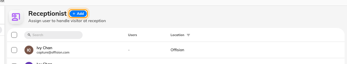The Receptionist page. Each row also carries a Location — the next step.