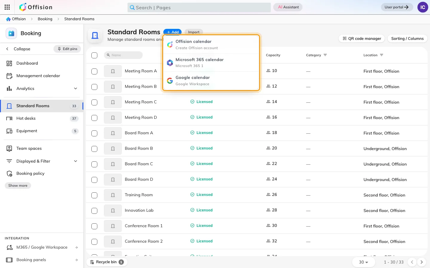 With an integration connected, Add asks which kind of room first.