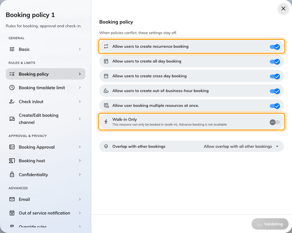Allow users to create recurrence booking, and below it Walk-in Only — the two switches on this page that decide whether a resource can be claimed in advance at all.