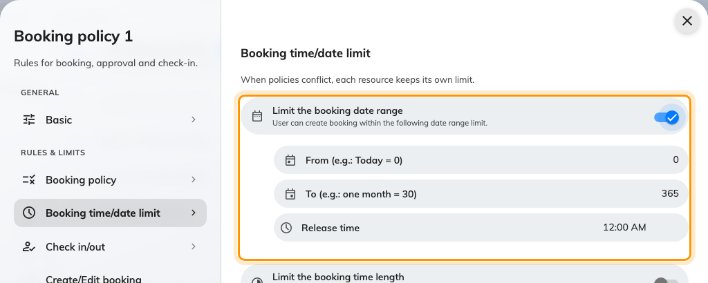 Limit the booking date range, with From, To and Release time. A short window turns a contested resource into a daily scramble rather than a standing claim.