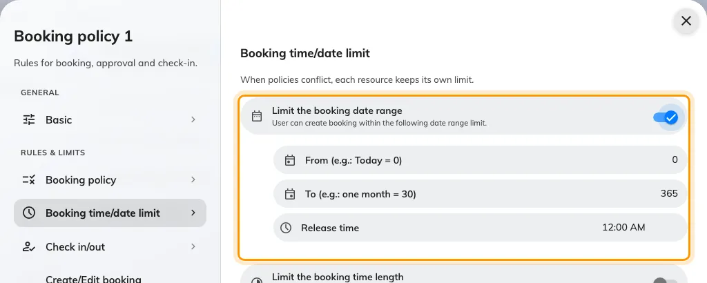 Limit the booking date range, with From, To and Release time. A short window turns a contested resource into a daily scramble rather than a standing claim.