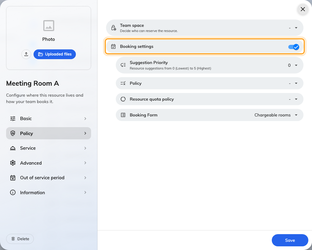 Booking settings off replaces the rest of Policy, and all of Service.