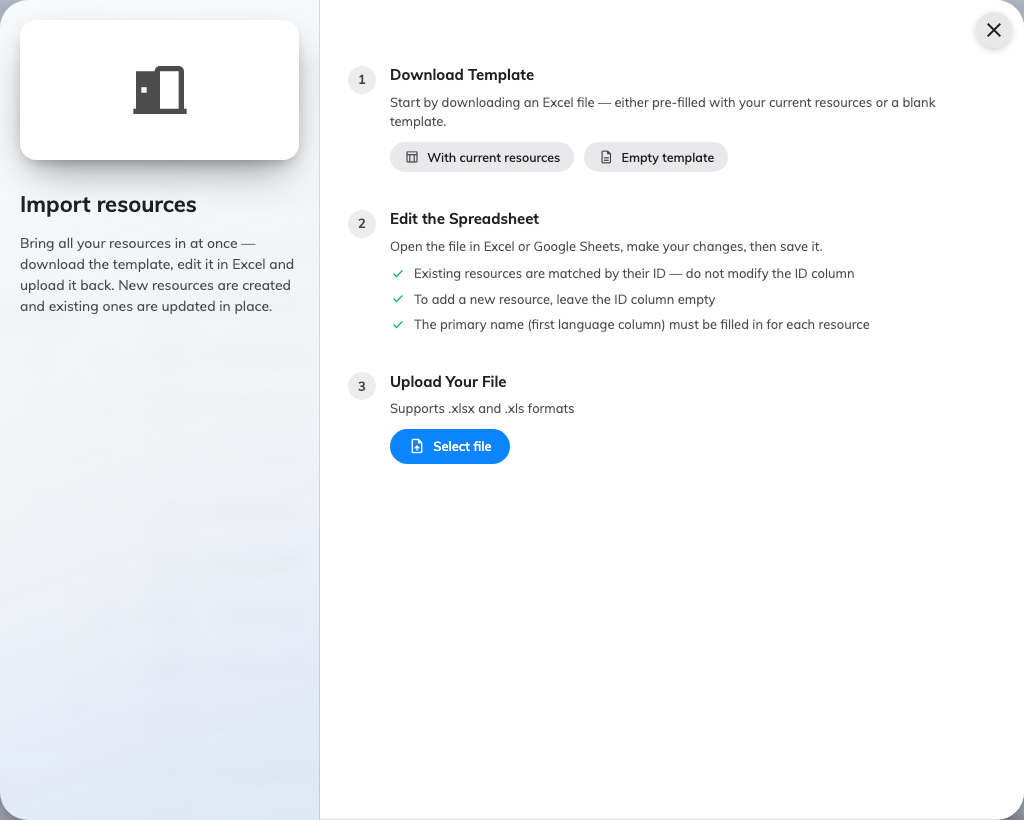 Import: download a template, edit it, upload it back.