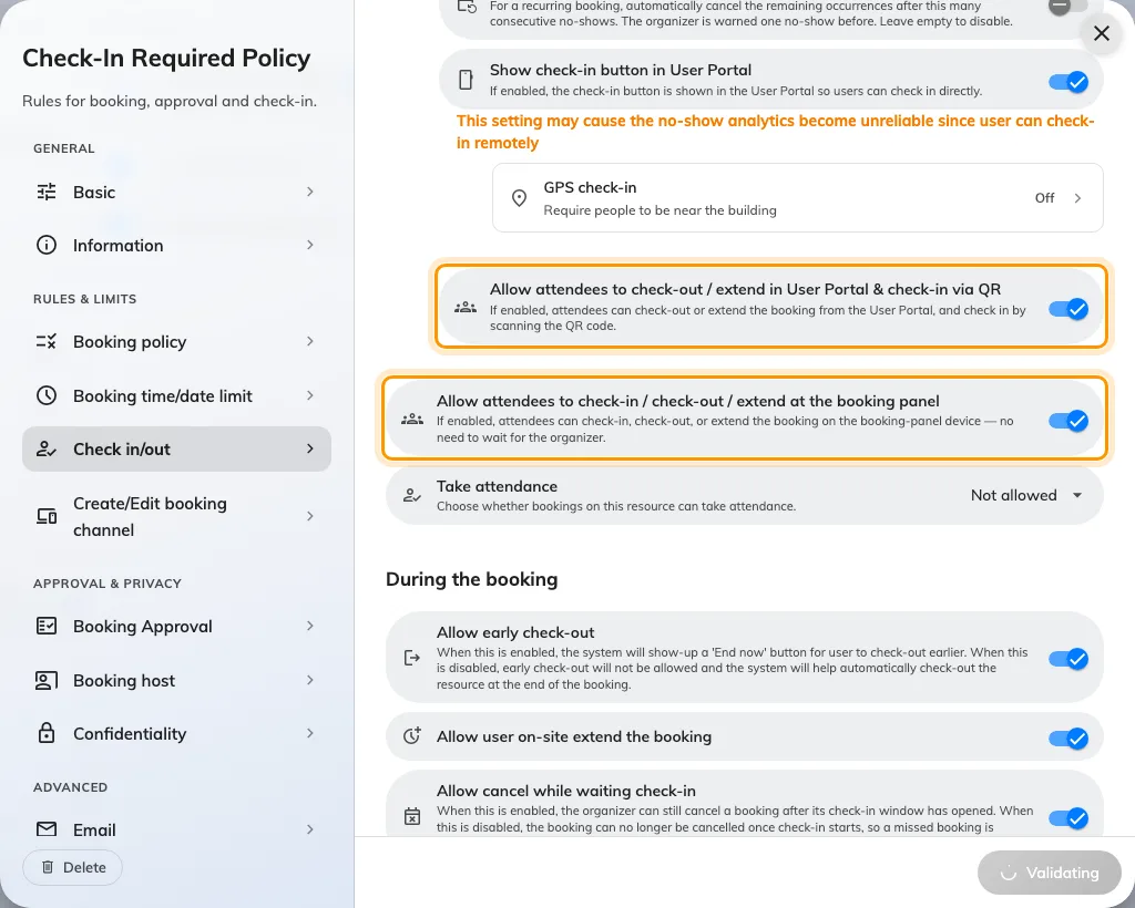 The two switches, one above the other: the User Portal one, then the booking panel one.