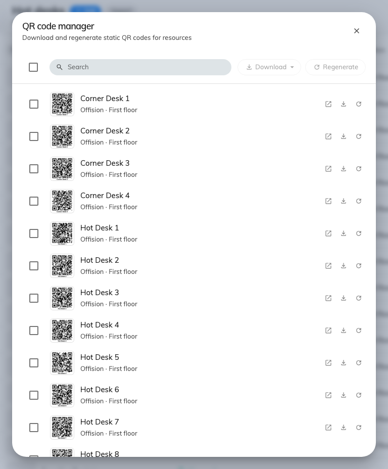 The QR code manager: search, select, and download every sticker as one file.