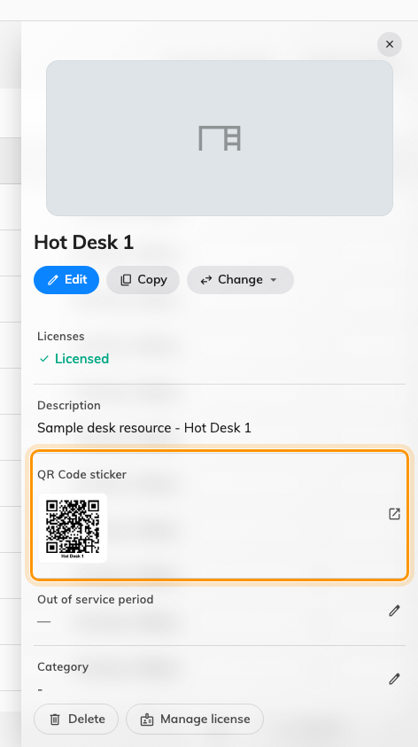 The QR Code sticker row on a desk. The thumbnail is that desk's real code.
