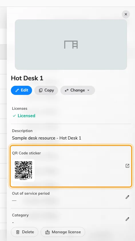 The QR Code sticker row on a desk. The thumbnail is that desk's real code.