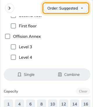 Order, at the top of the filter panel — it decides the sort, the rest of the panel decides what shows.