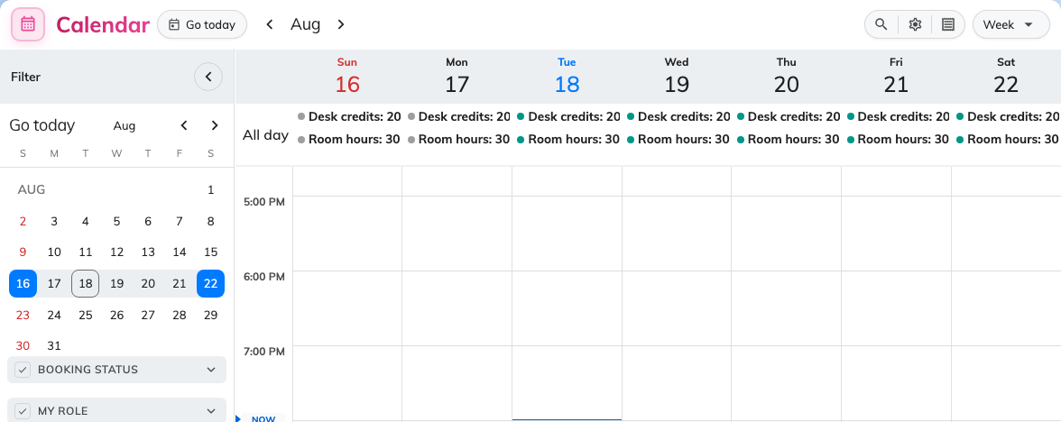The balance for that unit, on every day, alongside the bookings that spend it.