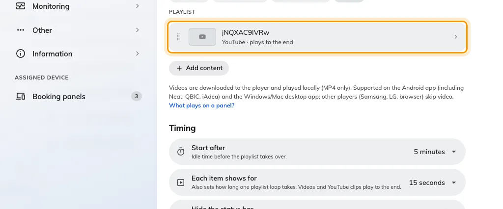 The playlist. Each row says what it is and how long it holds the screen.