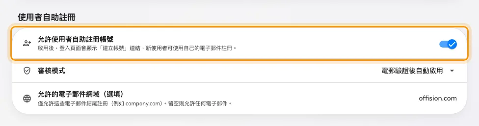 允許使用者自助註冊帳號。下面兩個欄位只在開啟後才出現。
