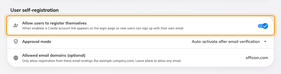 Allow users to register themselves. The two fields below it appear only once it is on.
