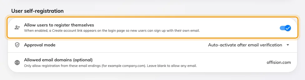Allow users to register themselves. The two fields below it appear only once it is on.