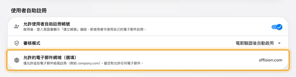 允許的電子郵件網域。留空表示任何電郵地址都能註冊。