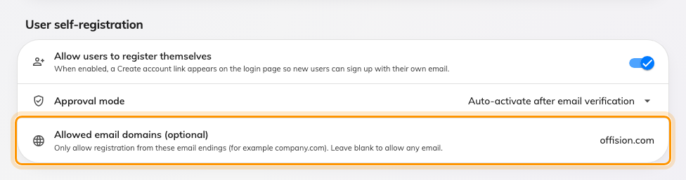 Allowed email domains. Blank means any email address may register.
