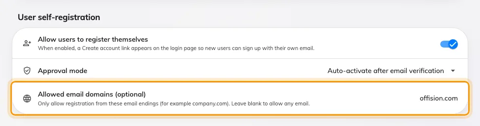 Allowed email domains. Blank means any email address may register.