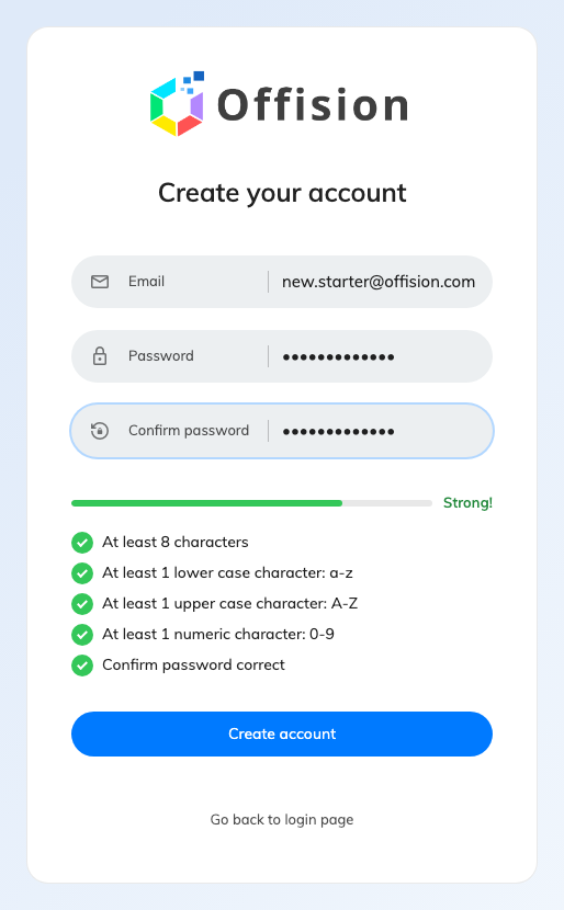 Create your account. The rules below the fields are your own password policy, checked as they type.