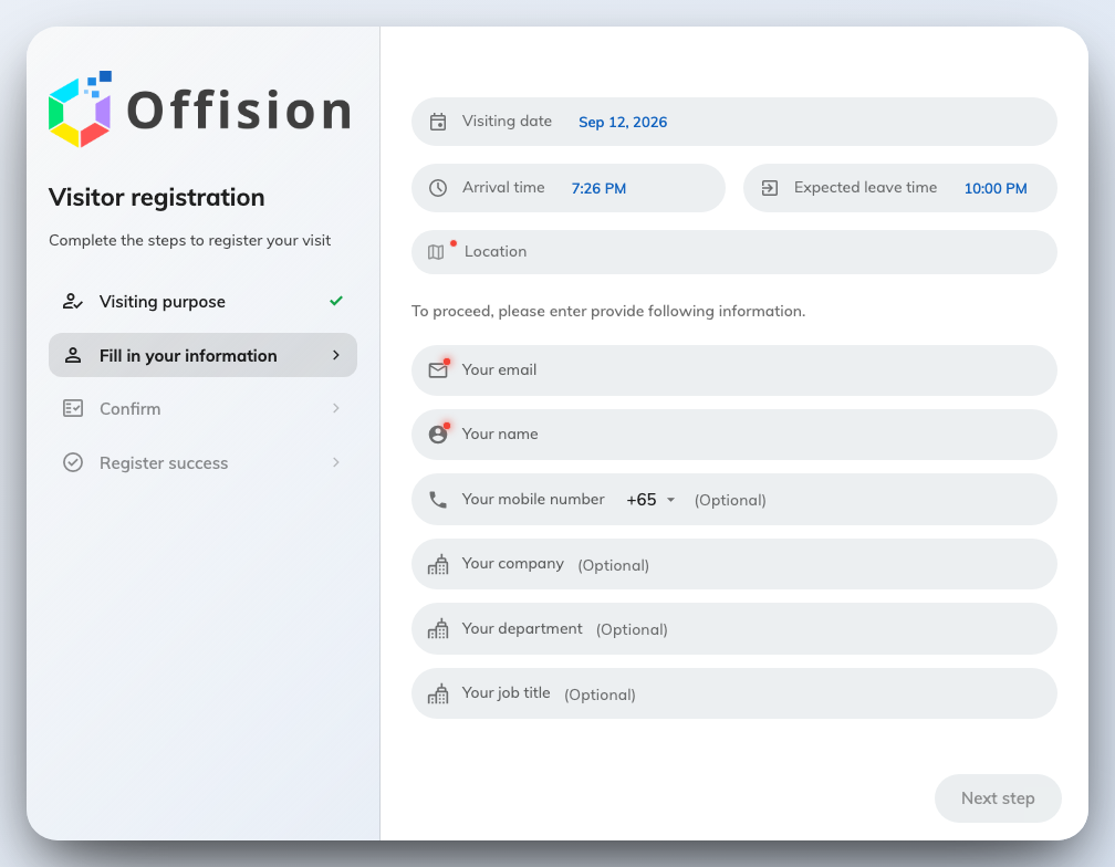 The visitor's own registration form, with the step list beside it.