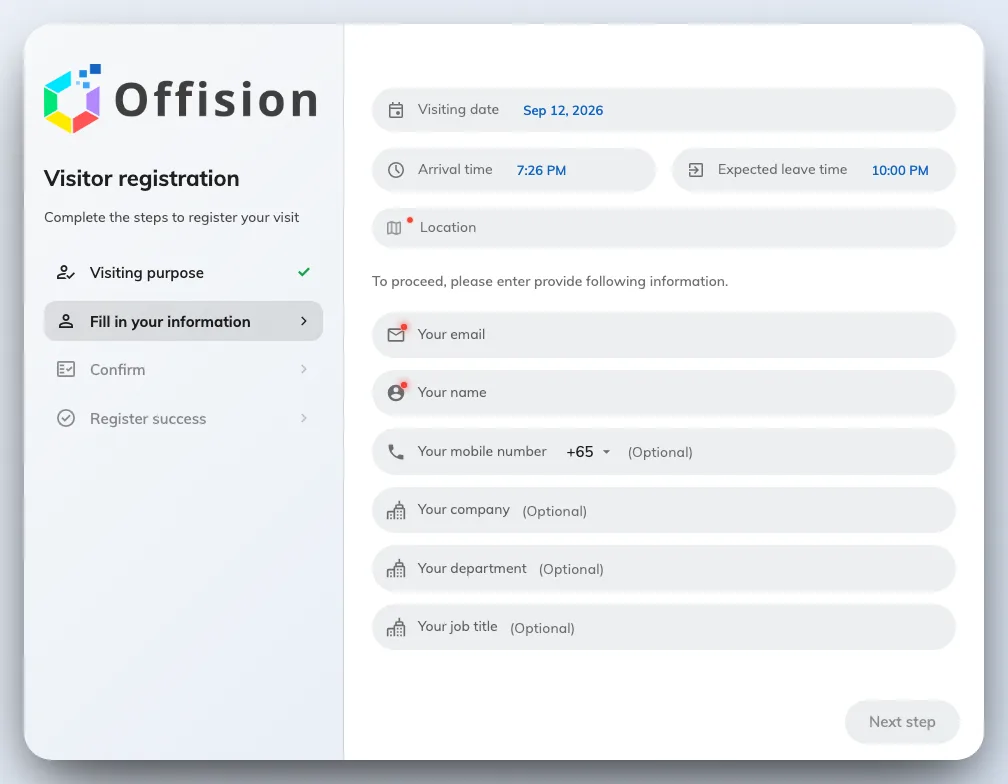 The visitor's own registration form, with the step list beside it.