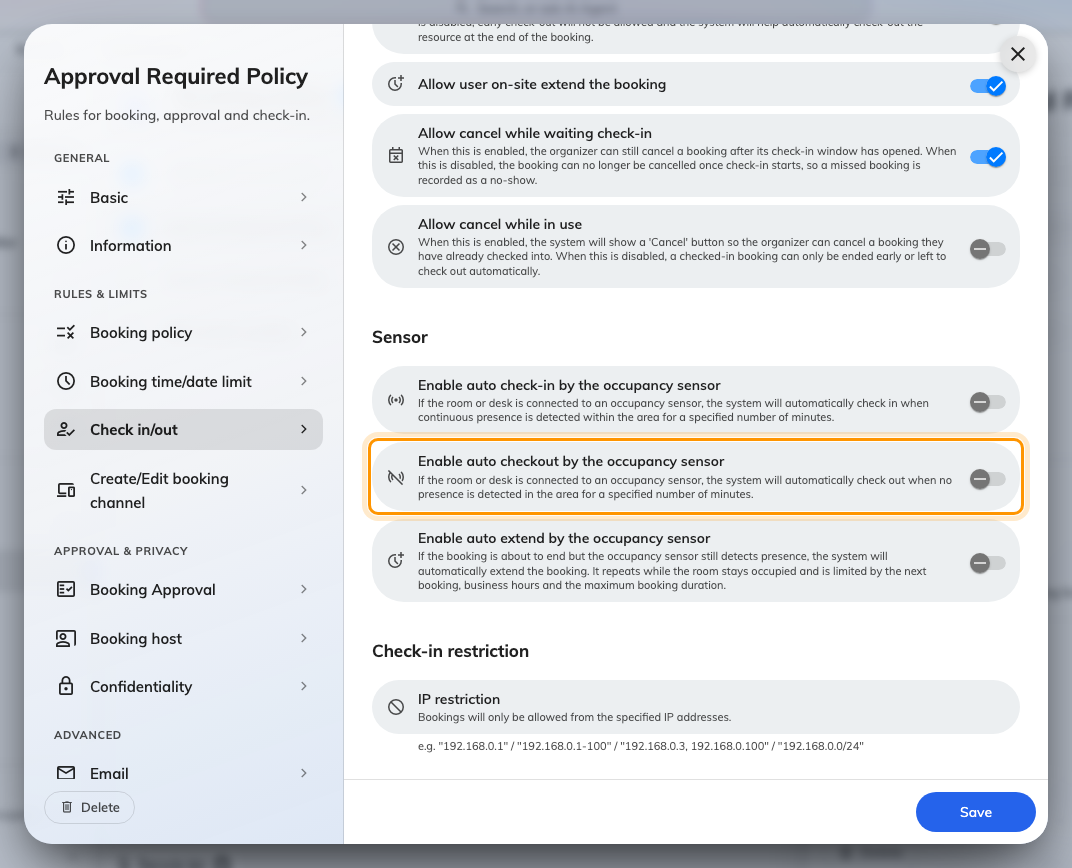 Enable auto checkout by the occupancy sensor, which acts only on a booking already checked in.
