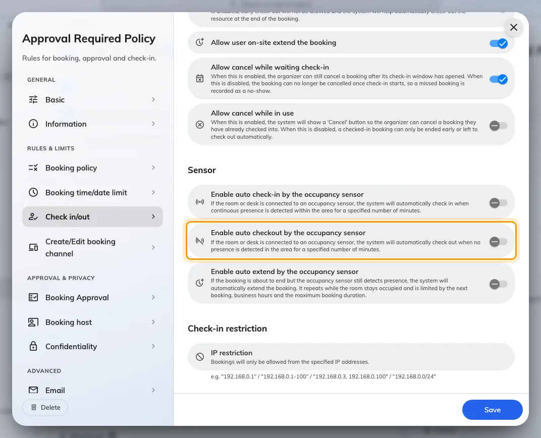 Enable auto checkout by the occupancy sensor, which acts only on a booking already checked in.