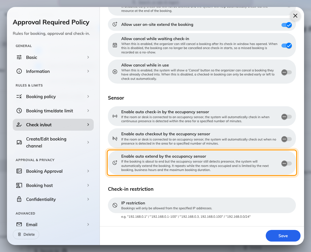 Enable auto extend by the occupancy sensor, for the meeting that runs over.