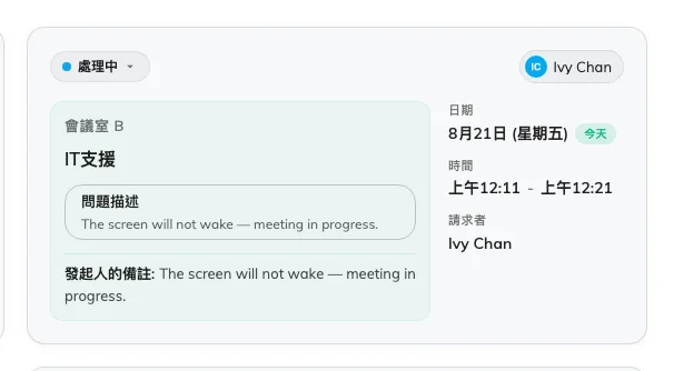 一筆要求：要送去的會議室、服務、點了哪些選項，以及一起打上去的字。