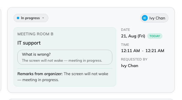 One request: the room, the service, the options ordered and anything typed with them.