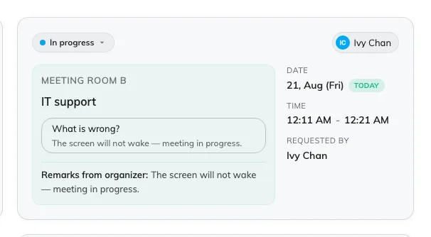 One request: the room, the service, the options ordered and anything typed with them.