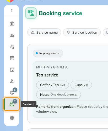 The app's left menu. Booking service carries a count of the requests waiting on you.