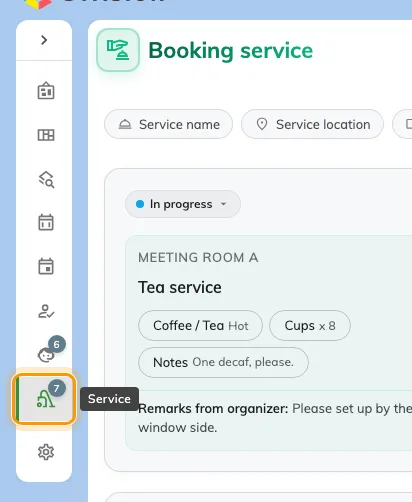 The app's left menu. Booking service carries a count of the requests waiting on you.