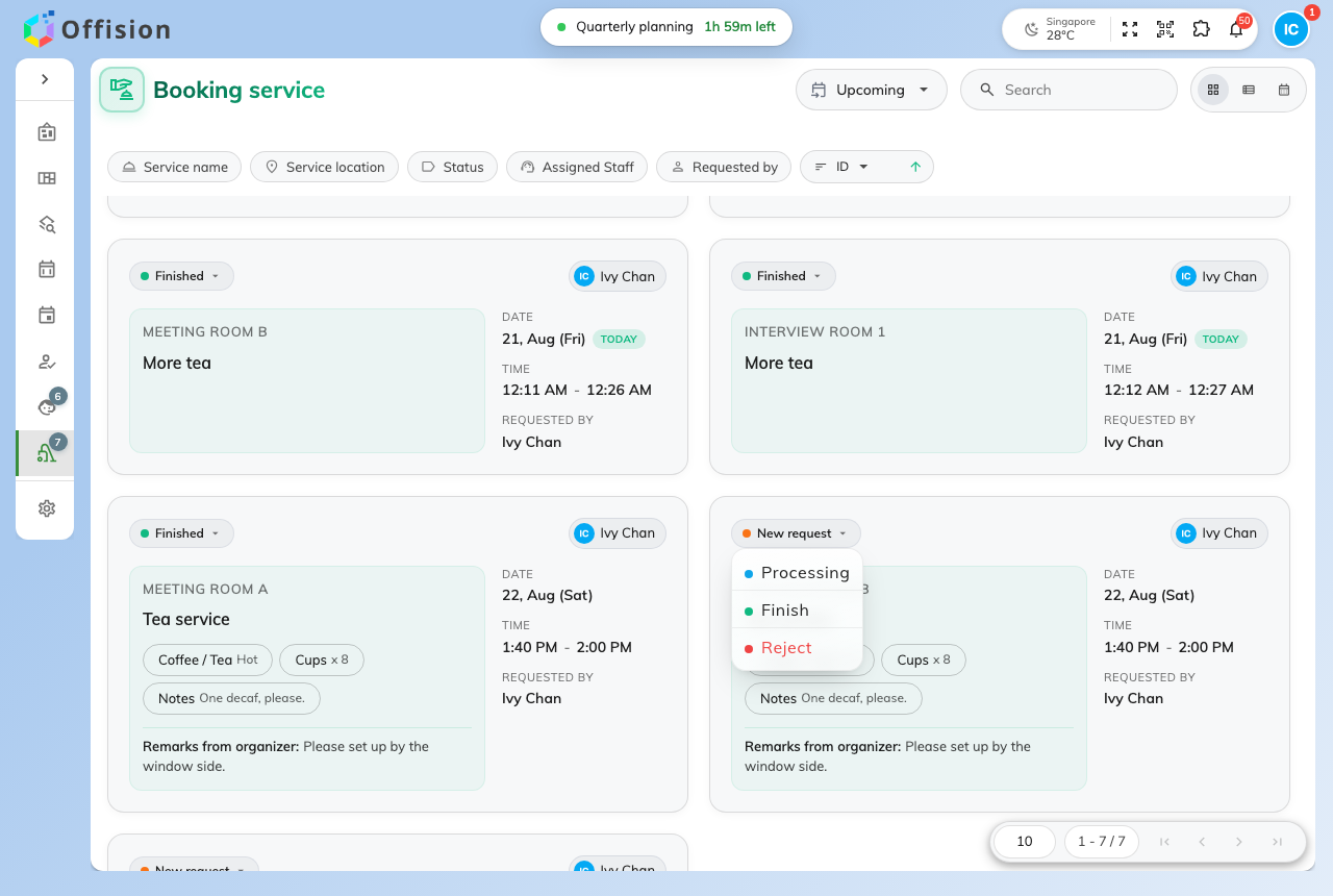 The status pill opens the actions the request's current state allows.