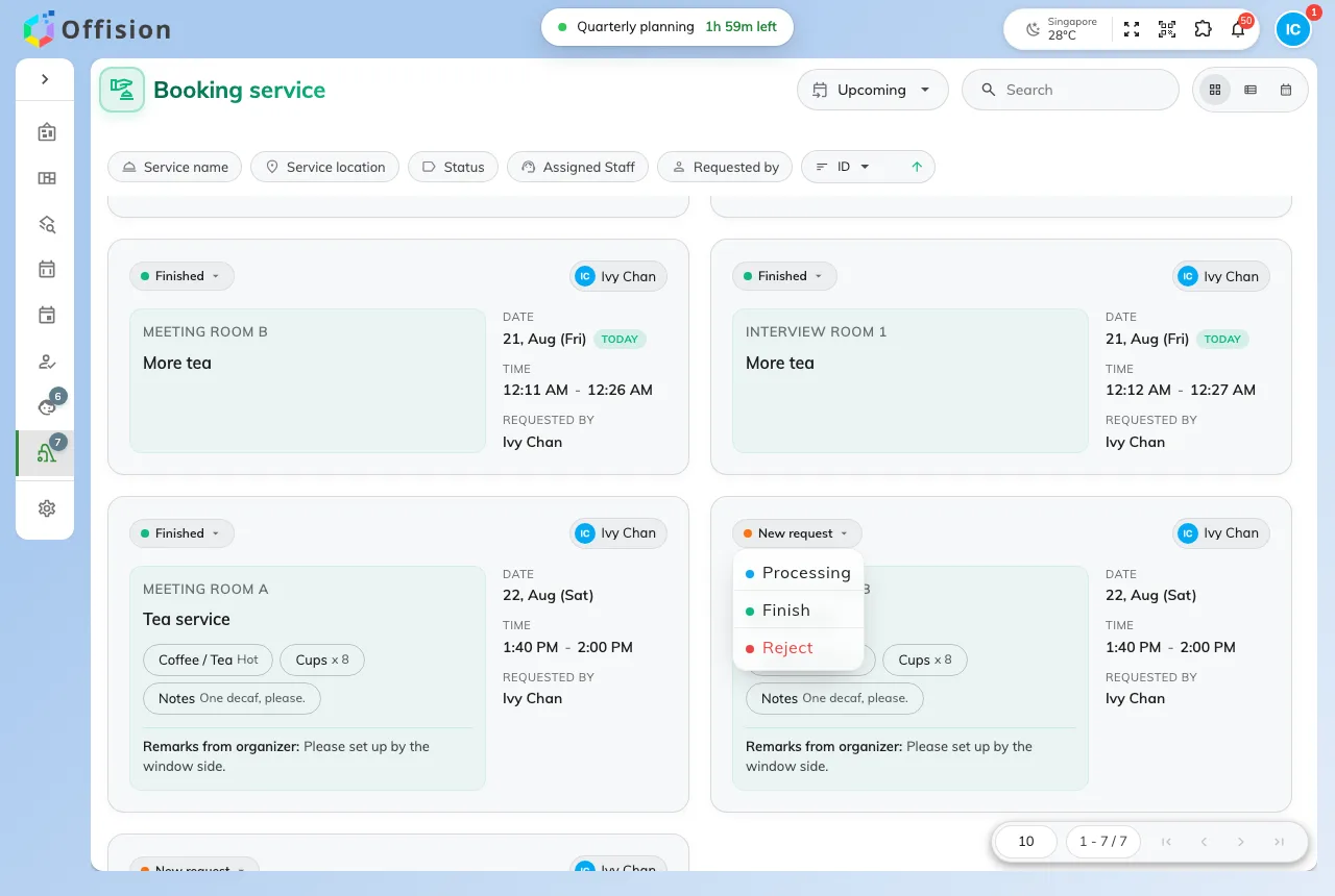 The status pill opens the actions the request's current state allows.