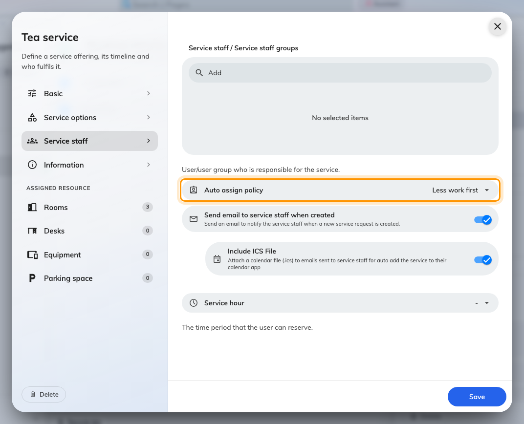 Auto assign policy, on the Service staff page of the service.
