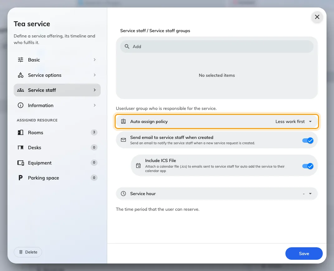 Auto assign policy, on the Service staff page of the service.