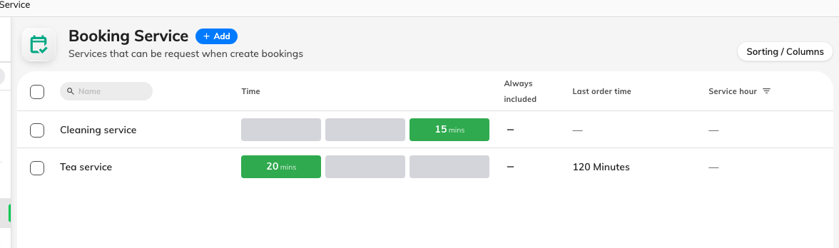 The Booking service list, with the time each service takes around the booking.